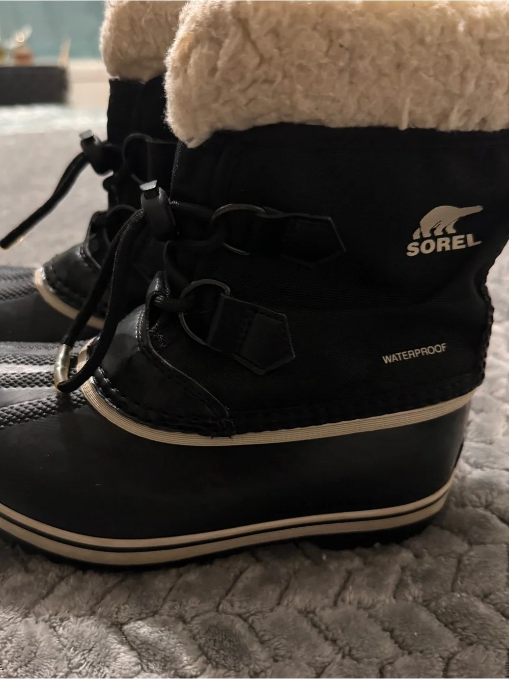 Sorel Kids Black Rain & Cream Faux-Fur Trim Boot